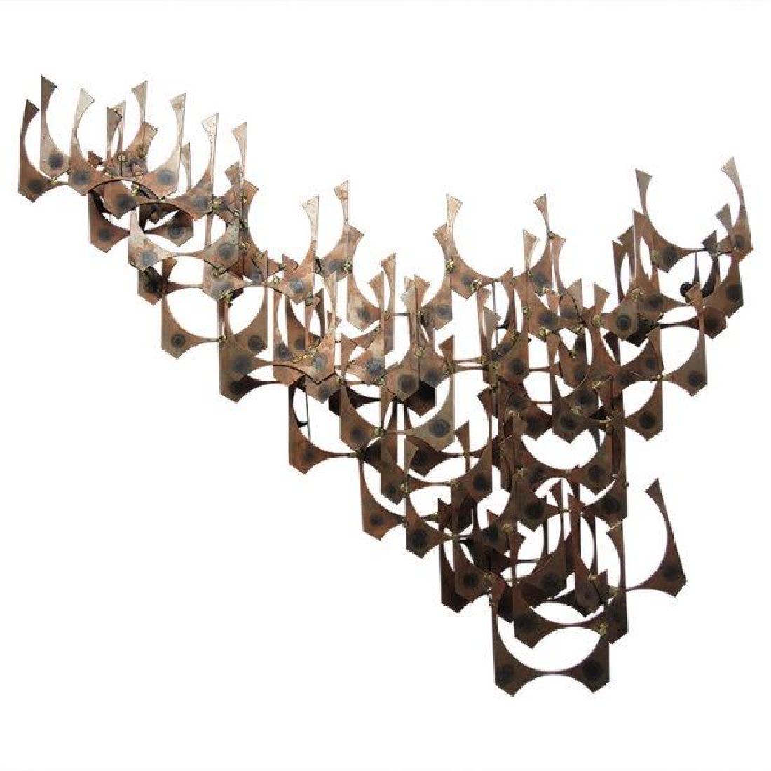 Brutalist wall sculpture by Mark Weinstein for Marc: Brutalist wall sculpture by Mark Weinstein for Marc Creates Bertoia EamesAmazing original brutalist wall sculpture by Mark Weinstein for Marc Creates. Beautiful intricate design. Wear is consistent wi