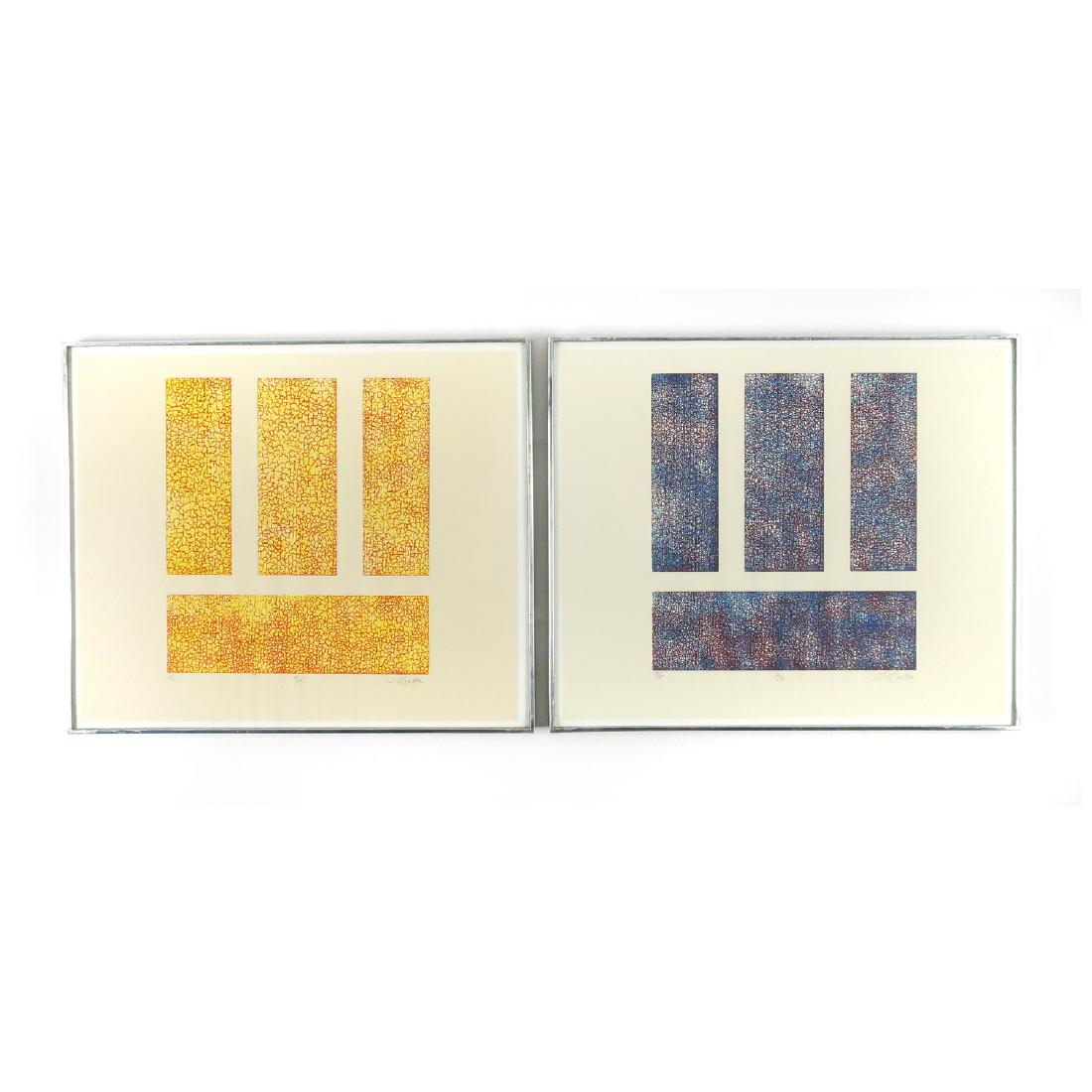 Pair of Mid-Century Serigraph Prints by J. Linton: A pair of signed mid-century modern serigraphs in brushed aluminum frames. The same image printed in two different color combinations: one red & yellow and the other blue & red.; Hand signed and numbe