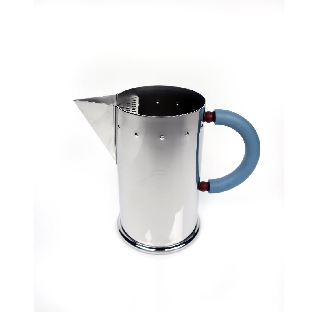 Michael Graves for Alessi Water Pitcher: A stainless steel water pitcher designed by Memphis Group pioneer Michael Graves for Alessi of Italy. Polished finish with blue-grey and maroon plastic handle & built-in ice strainer.; Signed on the b