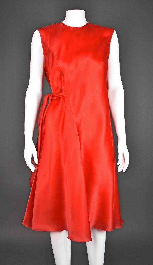 JACKIE ROGERS Red Silk Organza Dress: Featured here is an elegantly simple silk party dress from Jackie Rogers in a gorgeous shade of lipstick red. Fabric is a crisp silk organza with a soft red silk lining. Asymmetrical, bias cut design 