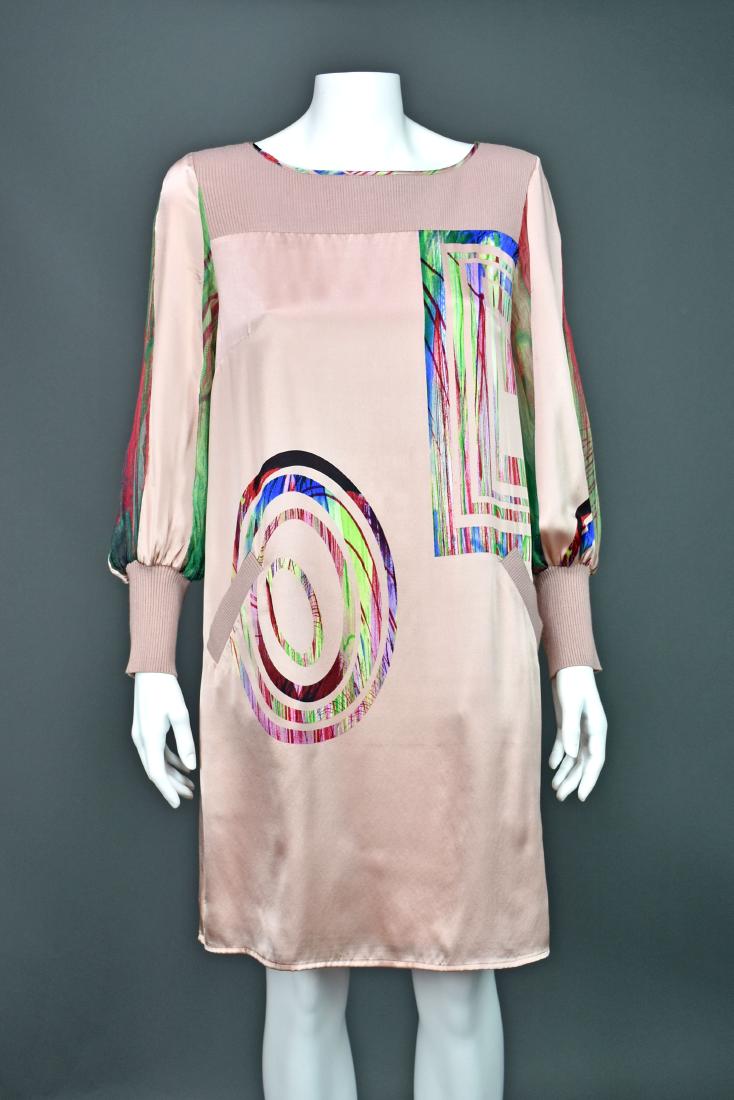 STELLA McCARTNEY Pink Silk Shift Dress: Pink silk charmeuse shift dress from Stella McCartney features an unusual sleeve treatment with vertical, multi-colored silk chiffon bands alternating with charmeuse and terminating in a wide rib knit