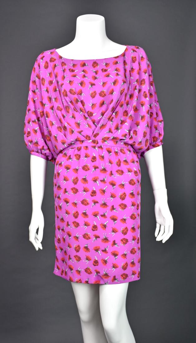 THAKOON Hot Pink Short Silk Dress: Bright pink silk dress from THAKOON features a red roses print, blouson bodice with dolman sleeves and a short skirt. Dress is lined in sheer, magenta silk chiffon. Size 8. MEASUREMENTS - Shoulders an