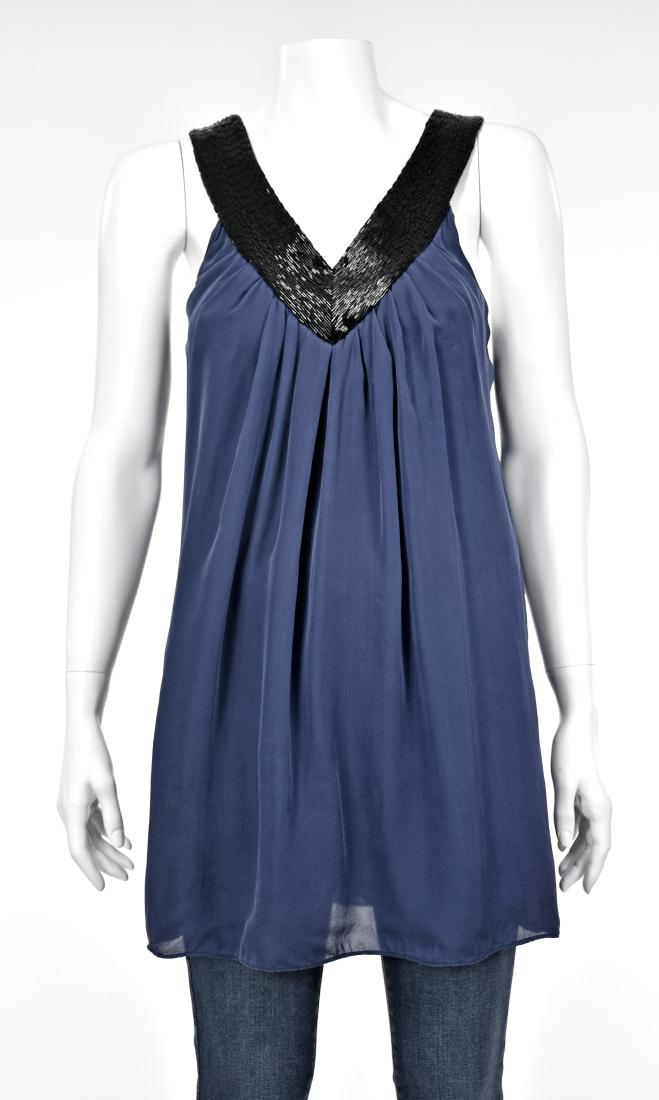 ALICE + OLIVIA Sueded Silk Tunic Top with Beaded V-Neck: Tunic length, sueded and washable silk top from Alice + Olivia with wide black beaded V-neckline. Fully lined in silk & spandex blend. Size Small. MEASUREMENTS - Gathers around neckline will accommoda