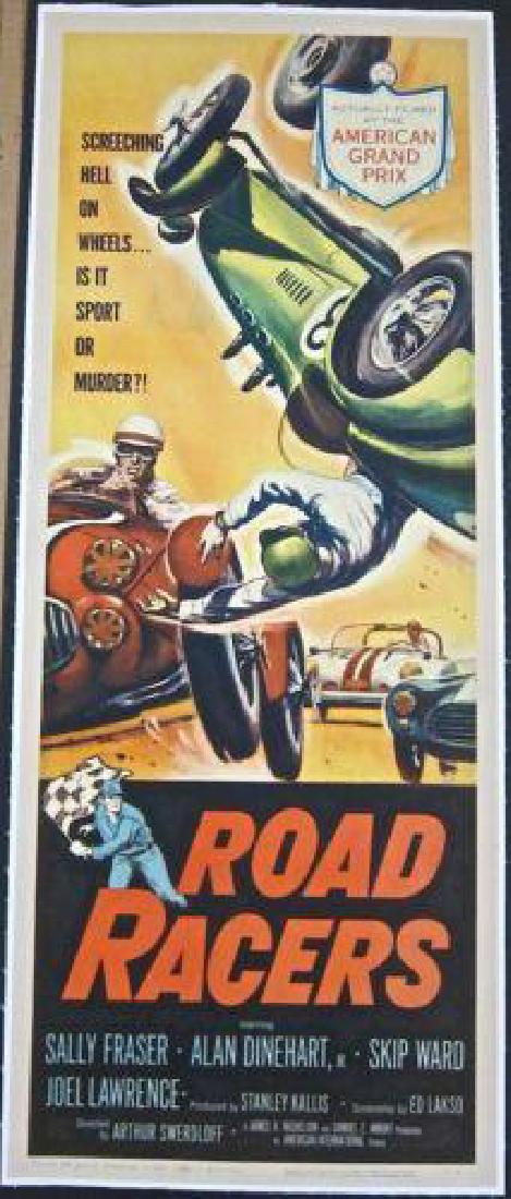 RACERS '59 LB INSERT "SCREECHING HELL ON WHEELS?!": ROADRACERS (United Artists, 1959)Size: Original U.S. Insert (14" x 36").Condition: Overall displays in Very Good Condition. Original Linen-backed Insert for 1959 auto racing action-thriller, ROADRACER