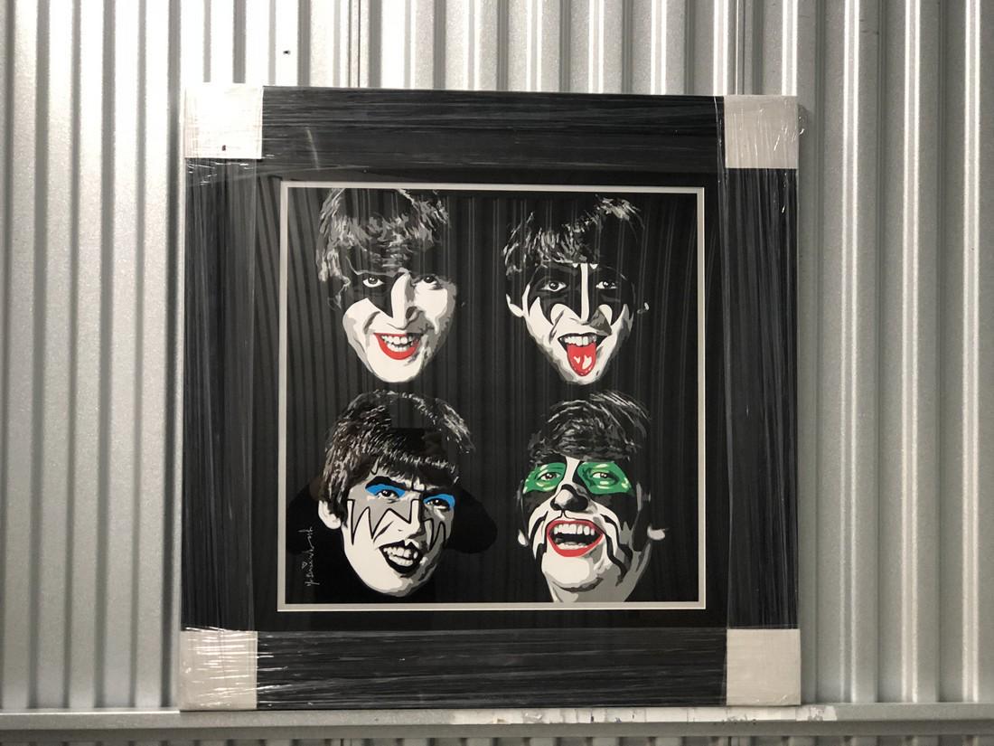 Kiss The Beatles - after Mr.Brainwash: Title: Kiss The Beatles Artist: (after) Mr.Brainwash Dimensions: 22"x33" (Frame :30"x30" Additional Information: Offset Lithograph; This Rare piece made an appearance at the 2010 ICONS show in NYC Res