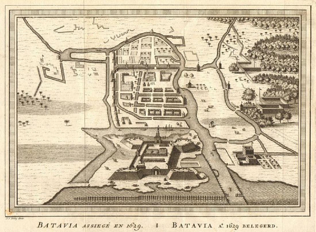 Batavia assiégé en 1629'. Siege of Jakarta. Indonesia.: TITLE/CONTENT OF MAP: 'Batavia assiégé en 1629 [Batavia, besieged in 1629]' Jakarta DATE PRINTED: 1753 IMAGE SIZE: Approx 20.5 x 28.5cm, 8.25 x 11 inches (Medium); Please note that this is a folding
