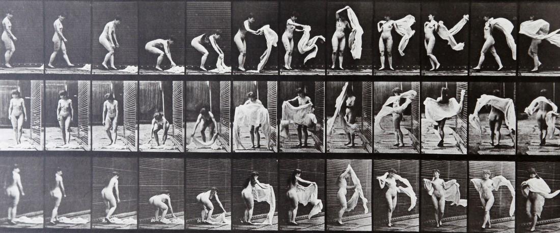 EADWEARD MUYBRIDGE - Nude woman dressing up A.L.410: Artist: EADWEARD MUYBRIDGETitle: Nude woman dressing up A.L.410 Date Printed: 1979 Medium: Vintage Photogravure Printer Location: Italy 33.x14 cm - 13.2x 5.5 inch With tissue guard Mount Size: 30x40 c