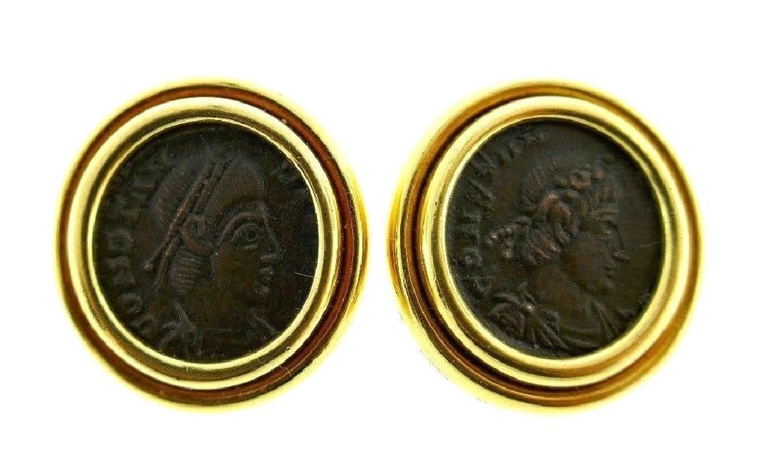 18k Yellow Gold Bvlgari Bulgari Roman Coin Earrings: AJ00 18k Yellow Gold Bvlgari Roman Coin Earrings Stamped with the Bvlgari maker's mark, a serial number and a hallmark for 18k gold. Measurements:Weight is 13.5 grams/each In excellent condition; wear