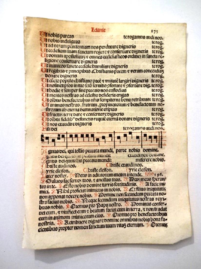 1567 Catholic Prayerbook Leaf Music: 1567 Catholic hymnal leaf printed in red and black, with a bar of music, from “Sacerdotal ad Consuetudinem Sacro Sancte…”, printed at Venice by Petri Liechtenstein. Fine, measures 6 x 8.5”. Re