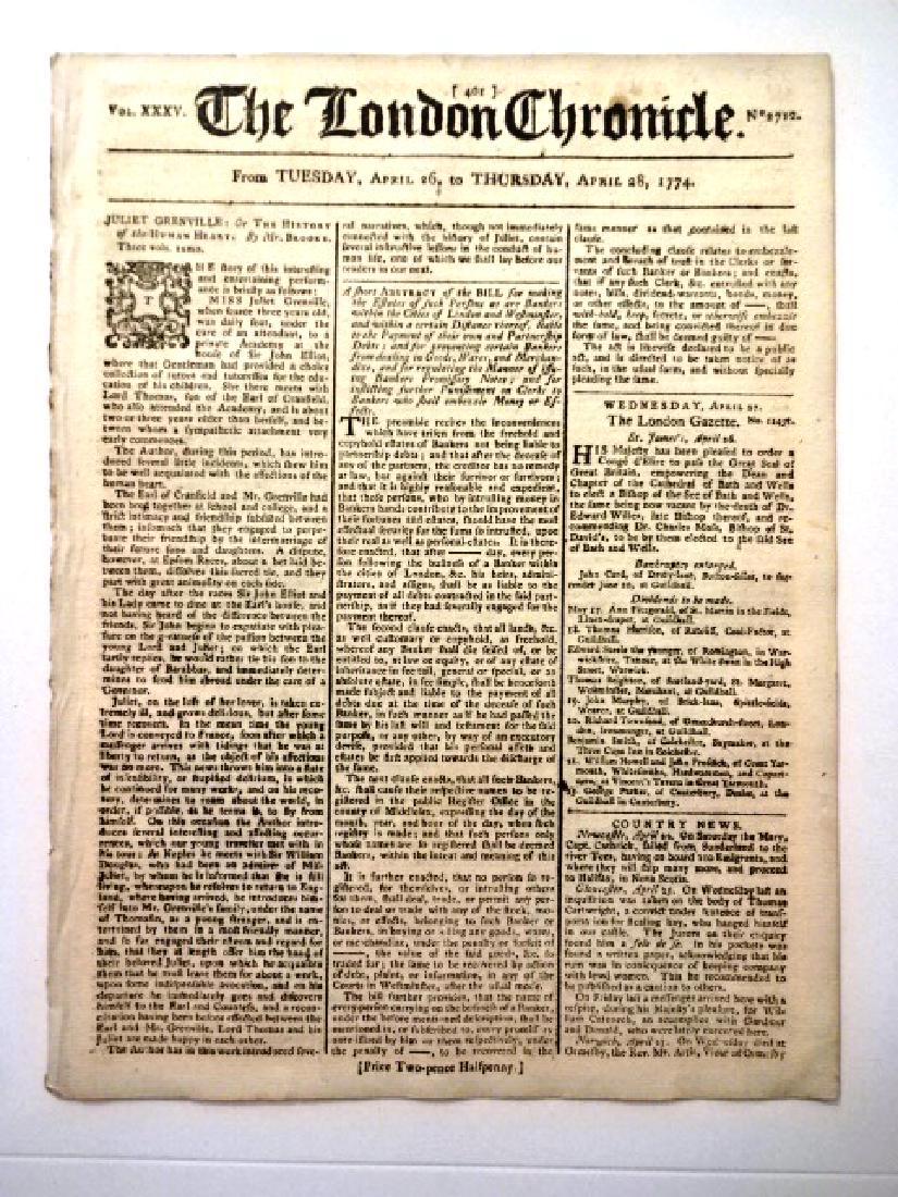1774 London Chronicle Governor Hutchinson: “The London Chronicle” for April 26 to April 28, 1774, eight pages complete. Interesting content including a letter of Governor Hutchinson, and another colonial brief. Shipping news and ads. Fine,