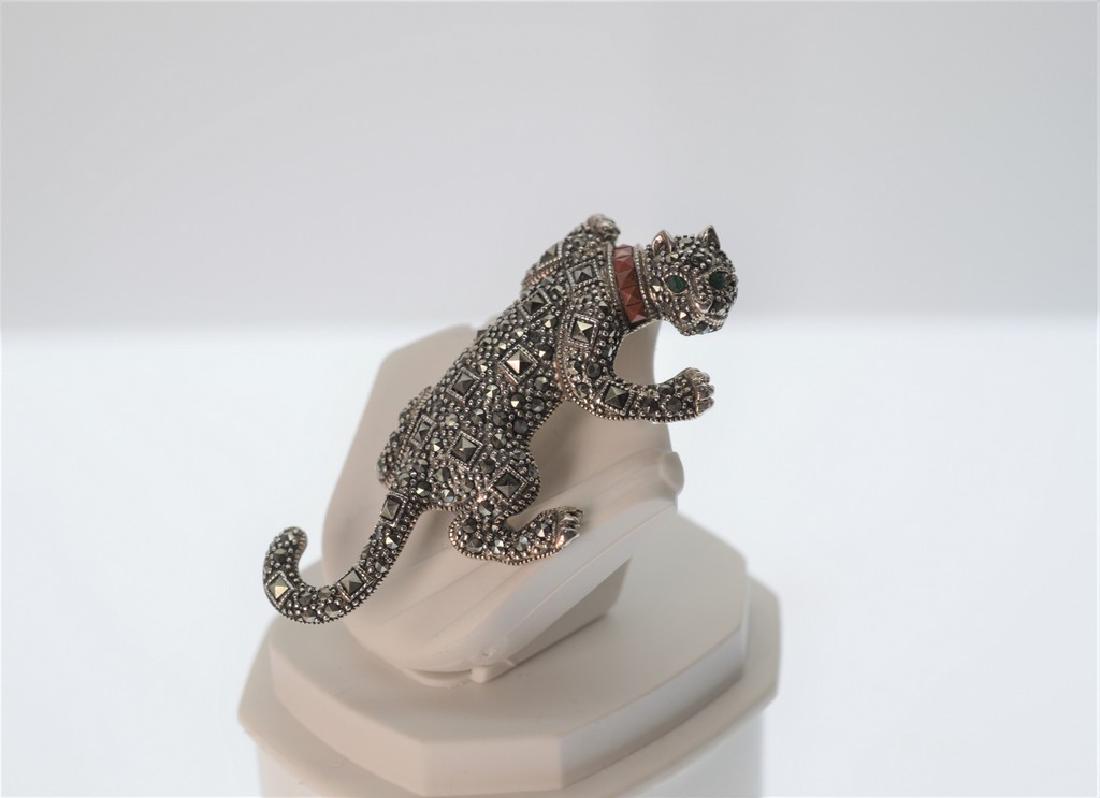 Sterling Silver Marcasite Cat Pin with Emerald Eyes and (1 of 4)