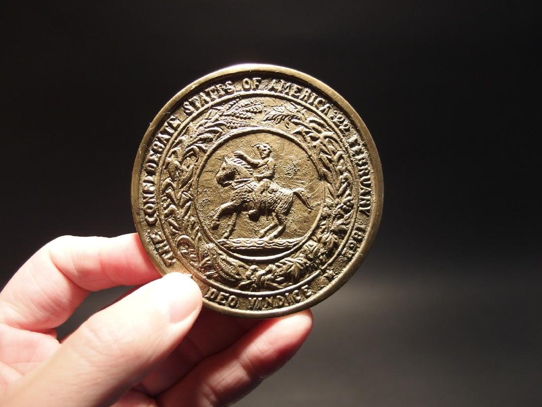 Civil War Confederate CSA Belt Buckle Plate SOLID Brass: 3 1/4" Round This all solid brass replica belt plate will surely make you wonder its age. It is made to look just like the antique The face of this plate has a very pleasing brown patina with slight t