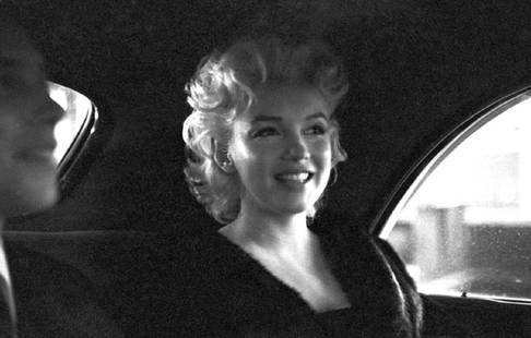 Marilyn Monroe & Dick Shepherd: Artist: Ed Feingersh Title: Marilyn Monroe & Dick Shepherd Medium: Silver Gelatin Year: 1955 Height/Width: 12 x 16 in Description: Actress Marilyn Monroe rides in the back of a car with Dick