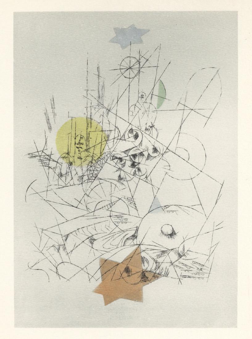 Paul Klee pochoir "Destruction and Hope": Medium: pochoir (after the watercolor). Printed in New York by Esther Gentle and published in 1947 for a portfolio issued by the Museum of Modern Art in an edition of 2000. The image size is 9 3/8 x 6