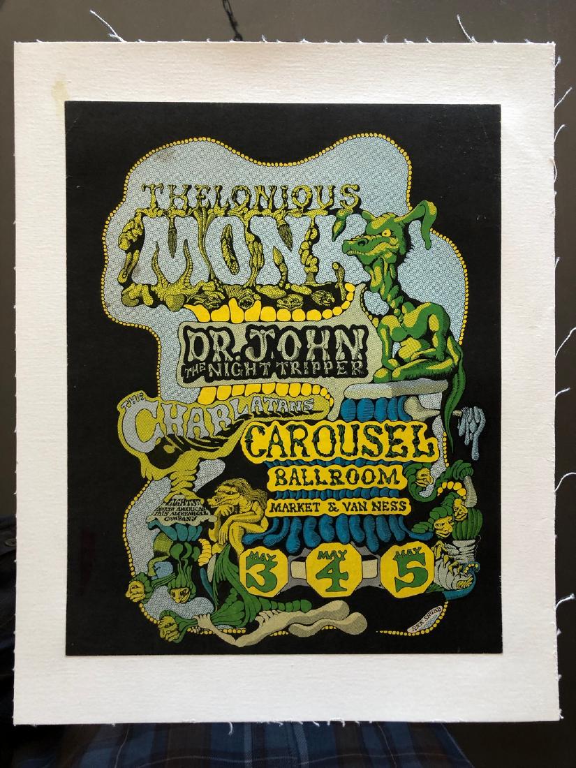 THELONIUS MONK at CAROUSEL: Title: THELONIUS MONK at CAROUSEL Size/Format: POSTER Additional Info:THELONIUS MONK at CAROUSEL with Dr. John the Night Tripper and The Charlatans. Wonderful poster art by Rick Shubb. This is his SEC