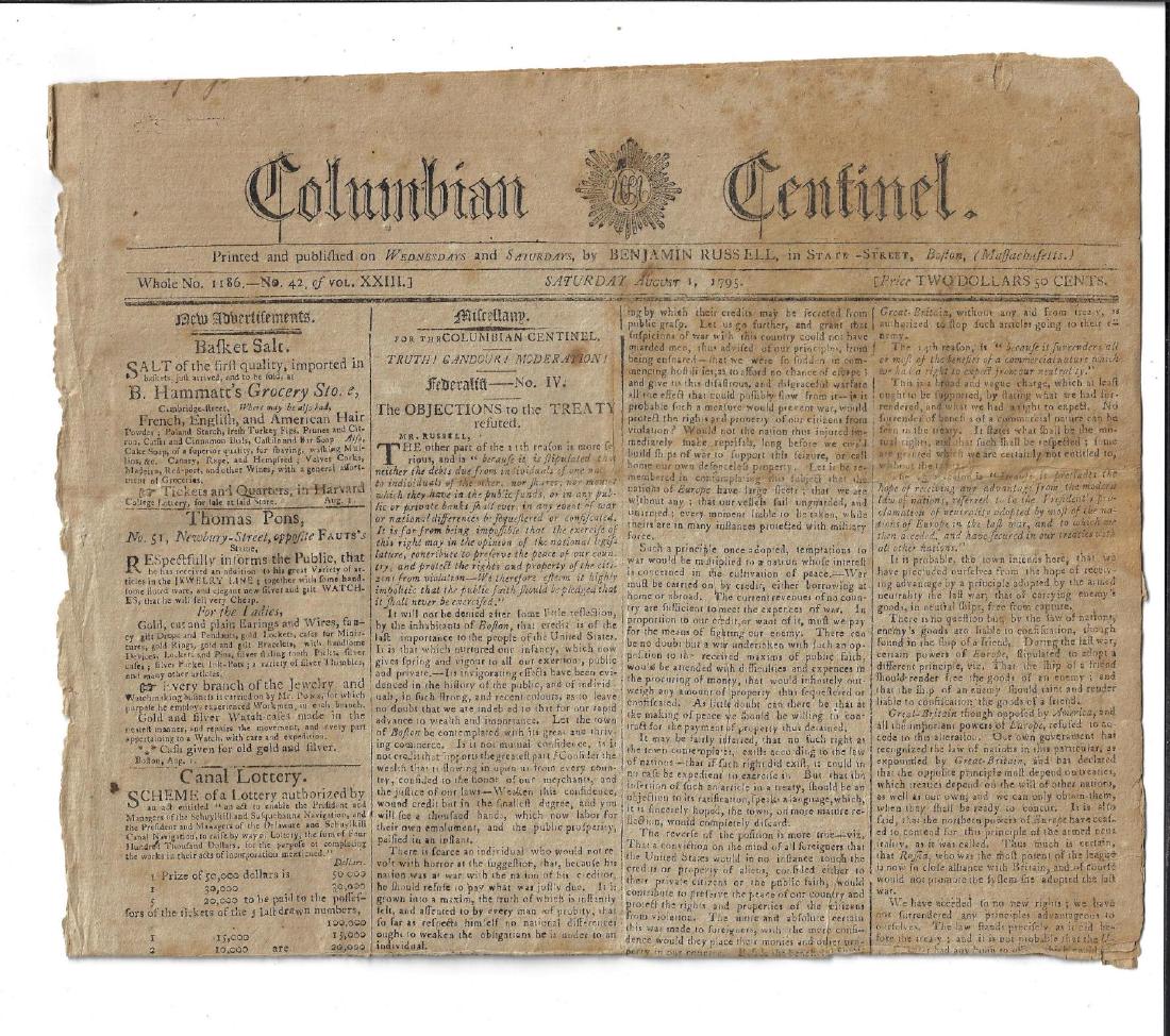 1795 Columbian Centinel Newspaper Treaty with Britain: “The Columbian Centinel for August 1, 1795. Printed at Boston by Benjamin Russell, four pages complete. Lengthy front page continuing to page two on the treaty between the United States and Great Br