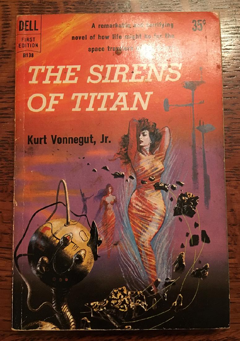 Sirens of Titan, true 1st ed., Vonnegut: Kurt Vonnegut’s second novel was first published by Dell as a paperback in 1959. This preceded the hardback version and is the true first edition. Published October 1959 by Dell Publishing Inc. (fir