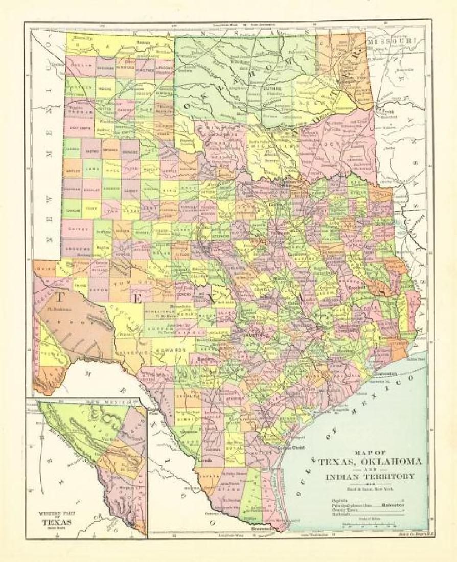 Map of Texas, Oklahoma and Indian Territory: Title: Map of Texas, Oklahoma and Indian Territory Publication Date: c1893 Cartographer: FISK & CO. Publisher: HUNT & EATON Size: 11.3Height - 9Width Description: From H.S. Smith's geography "The worl