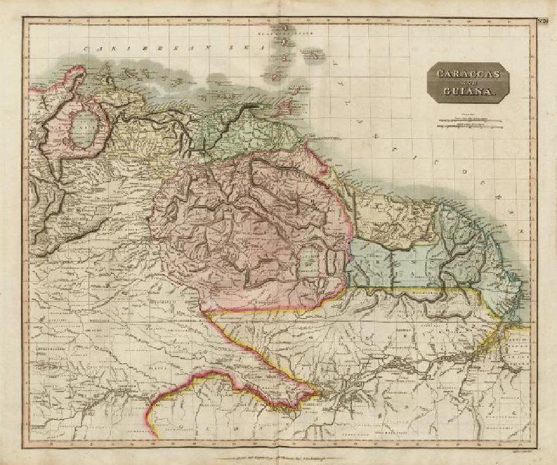"Caraccas and Guiana" by John Thomson. Venezuela Guyana: TITLE/CONTENT OF MAP: 'Caraccas and Guiana' DATE PRINTED: 1817 IMAGE SIZE: Approx 53.5 x 64.5cm, 21.25 x 25.25 inches (Large); Please note that this is a folding map. TYPE: Antique early 19th century