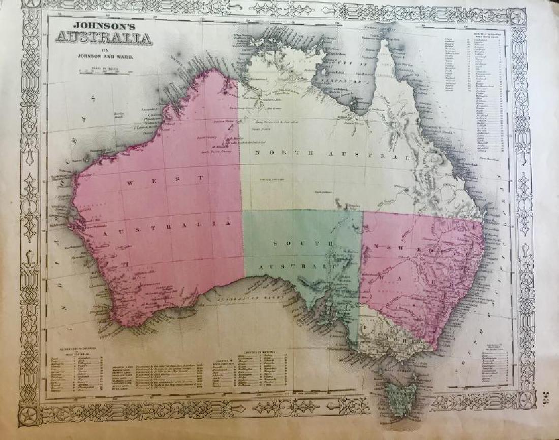 Australia: Title/Content of Map: Australia Date: 1863 Cartographer: By Johnson & Ward. From, Johnson’s New Illustrated Family Atlas Size: 18x14” Provenance: New York Additional Info: Hand colored. Text on ve