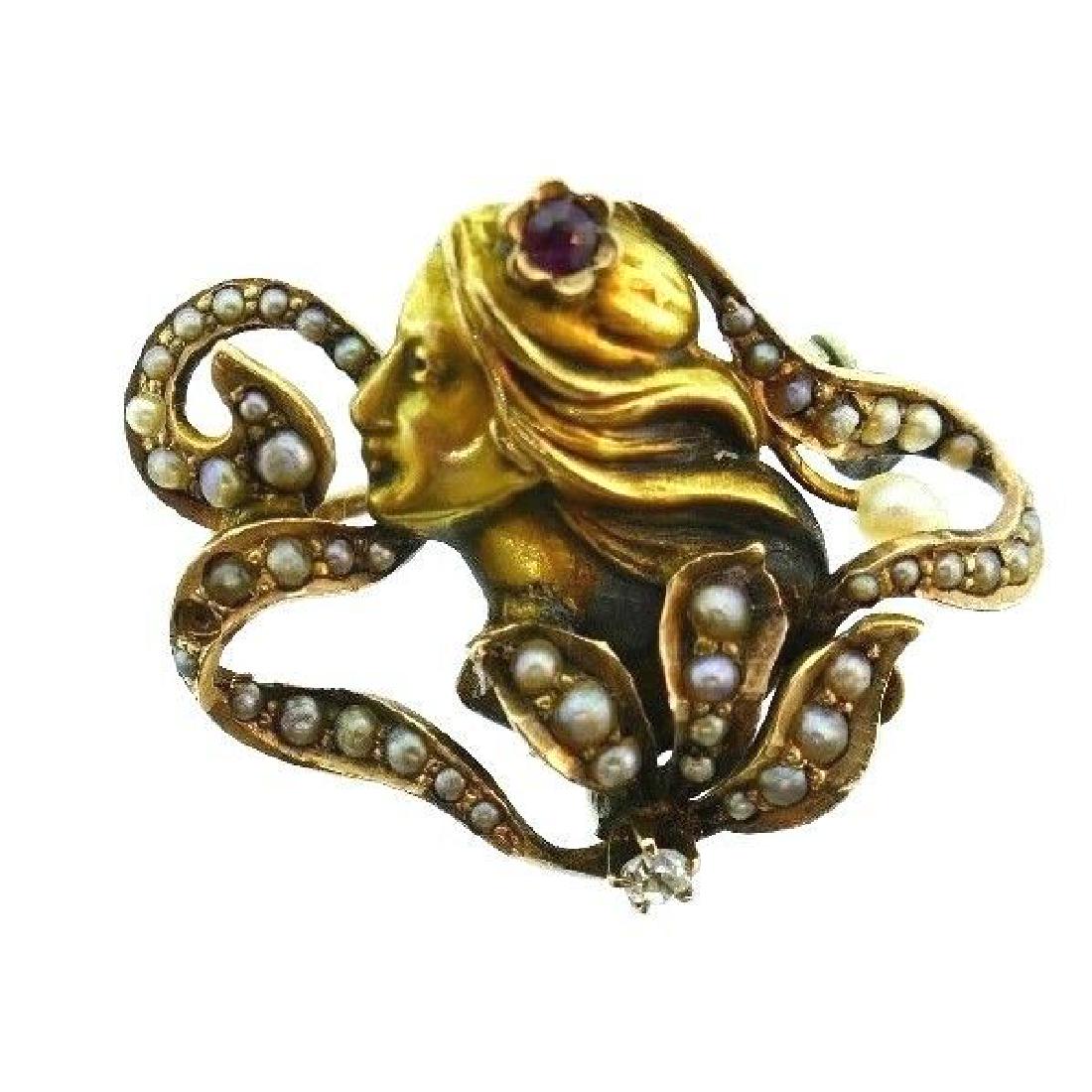 ART NOUVEAU 14k Yellow Gold, Pearl & Amethyst Brooch (1 of 3)