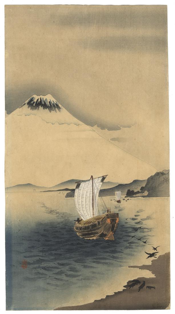 Snow-capped Mt. Fuji-: Title: Snow-capped Mt. Fuji Artist: Ohara Koson (1877-1945) Publisher: Daikokuya Date: Early 20th century Medium: Japanese Woodblock Print Size/Format: 18.8 x 34.7 cm Reserve: $460.00 Shipping: