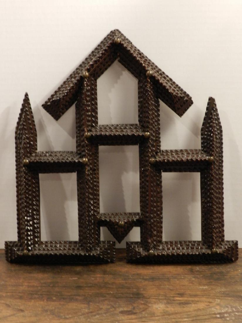 Chip Carved Tramp Art Frame: Title: Chip Carved Tramp Art Frame Dimension: 3” x 4.5" 13” x 13” Provenance:Multi Chip Carved Tramp Art Frame, for Cdvs Or Tintypes With Openings Of 3” x 4.5" 13” x 13” Outside Dimension.