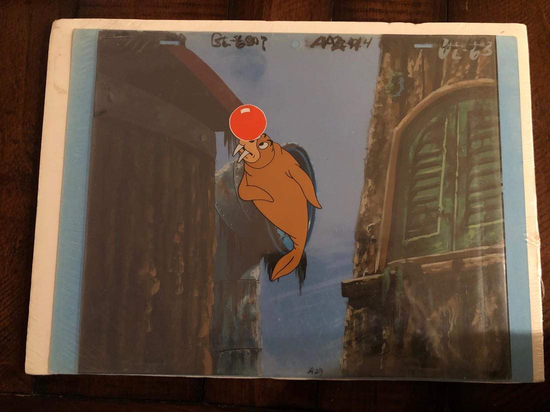 FRAIDY CAT 1975 ANIMATION CEL: Title: FRAIDY CAT 1975 ANIMATION CEL Dimension: 15 x 11 Provenance:Very rare multi-cel setup with background. Fraidy Cat was a 1975 Filmation cartoon. It originally premiered on ABC's Uncle Croc's Blo
