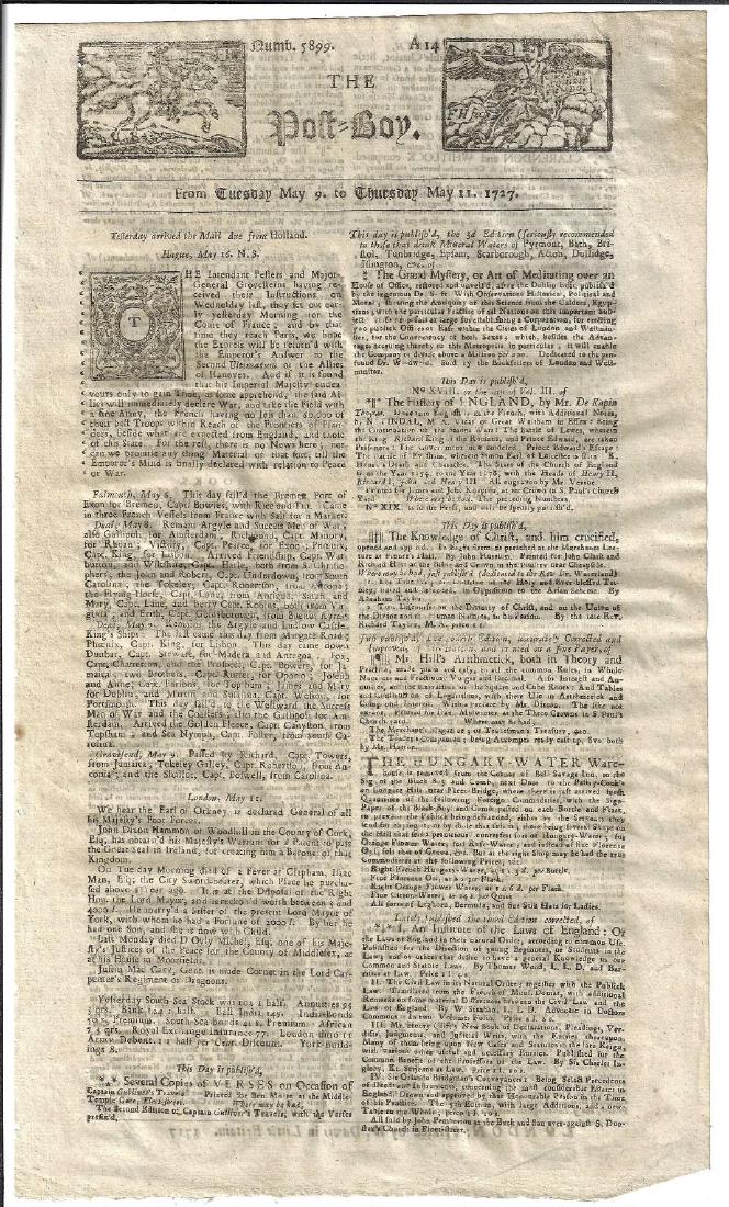 1727 The Post-Boy Nice Masthead Newspaper: The May 9-11, 1727 issue of “The Post-Boy” printed at London by W. Davis, two pages complete. Nice masthead. News from the Hague and Falmouth, notices and ads. Bold red tax stamp. Fine, measures 8