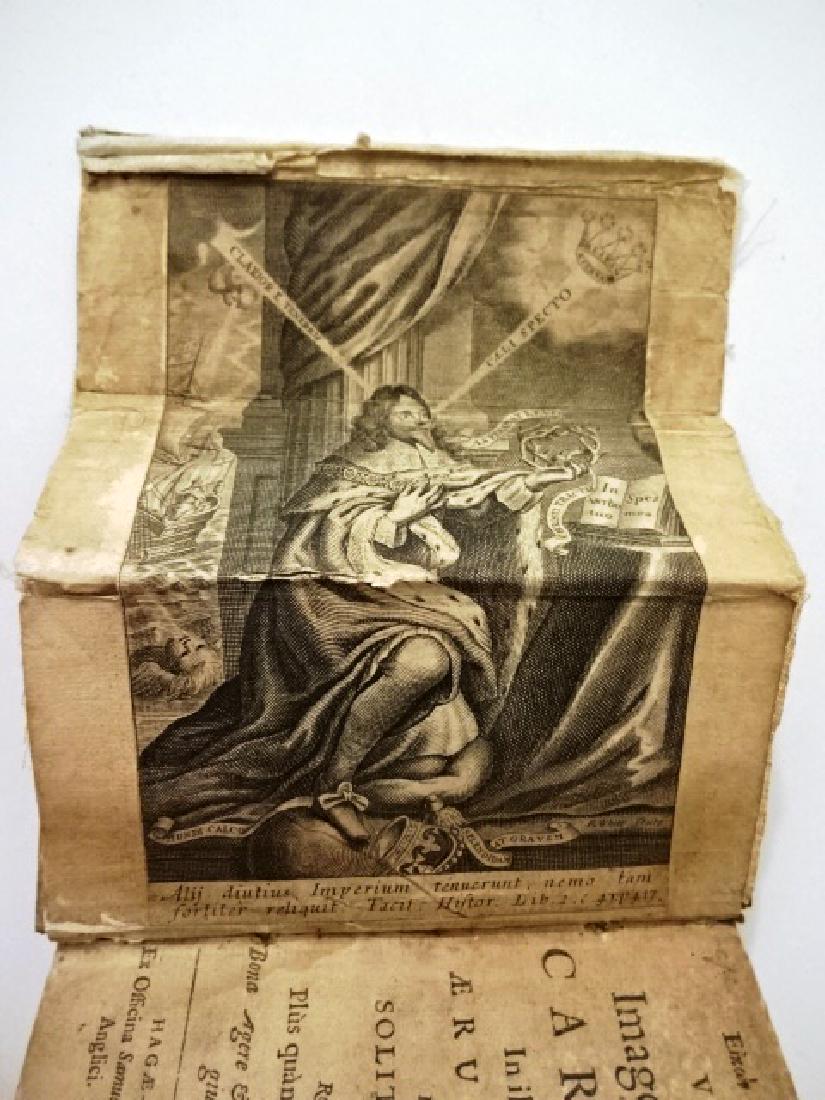 1649 Eikon Basilike King Charles I: “Eikon Basilike (in Greek) Vel Imago Regis Caroli in illis suis Aerumnis Et Solitude”, printed at Hagae-Comitis by Samuel Brown, MDCXLIX (1649). Folding engraving of King Charles I, repaired and l