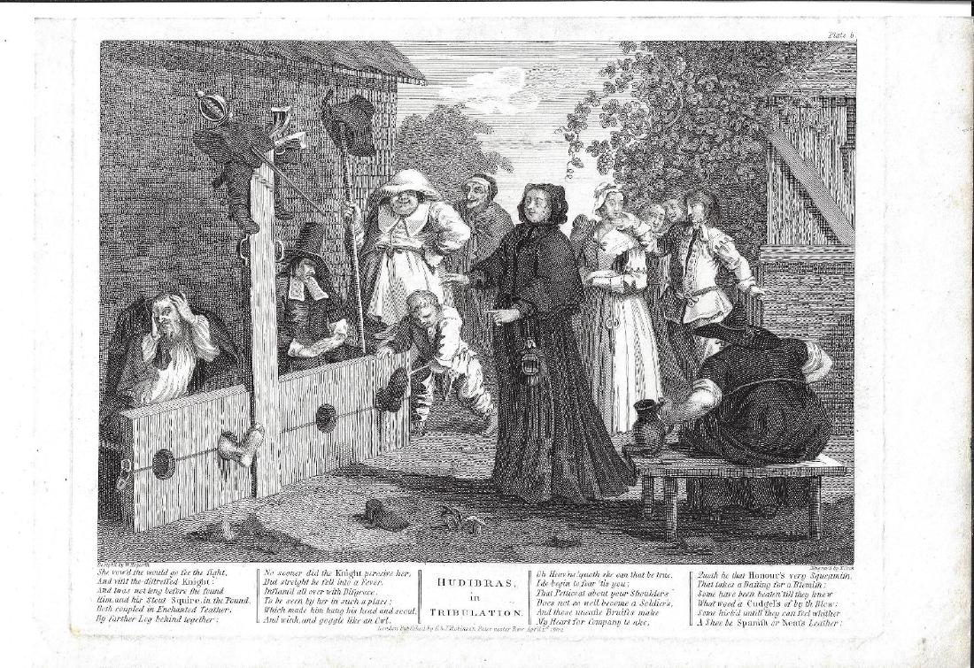 1802 Hogarth Hudibras in Tribulation: 1802 engraving “Hudibras in Tribulation” after William Hogarth, engraved by T. Cook and published by G. & J. Robinson, Fine, measures 16 x 12”. Reserve: $50.00 Shipping: Domestic: Flat-rate of $