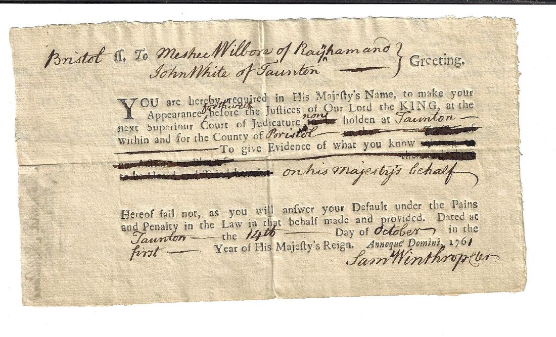 1761 Colonial Summons Taunton (1 of 2)
