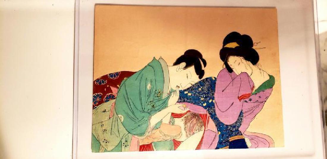 Antique Japanese Shunga Erotic woodblock print: Meiji Period (1868-1912) wonderful in coloration and details this is an Original Antique Shunga Woodblock print. Title is " Preparing for love" In very good condition and Rare Measures: 9.5" X 7" Rese
