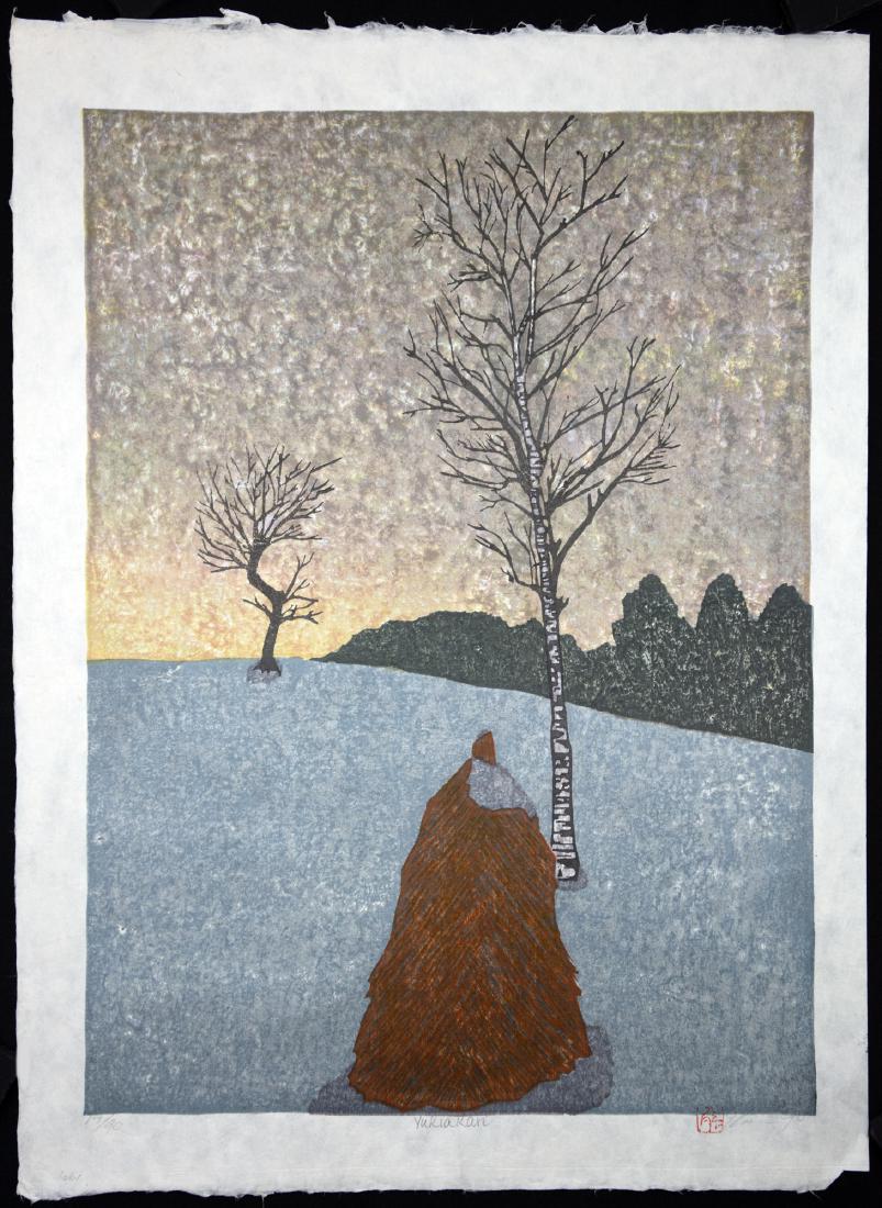 Rome, Joshua Yuki Akari (Snow Light): Title: Yuki Akari (Snow Light) Note the gentle sunrise in the background with bokashi gradation, behind the snow capped haystack. Dimensions: 25 x 18.5 in. paper Condition: excellent