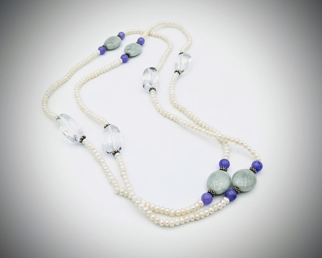 Sterling Silver Pearl Necklace w Jade, Violet Jade & (1 of 2)