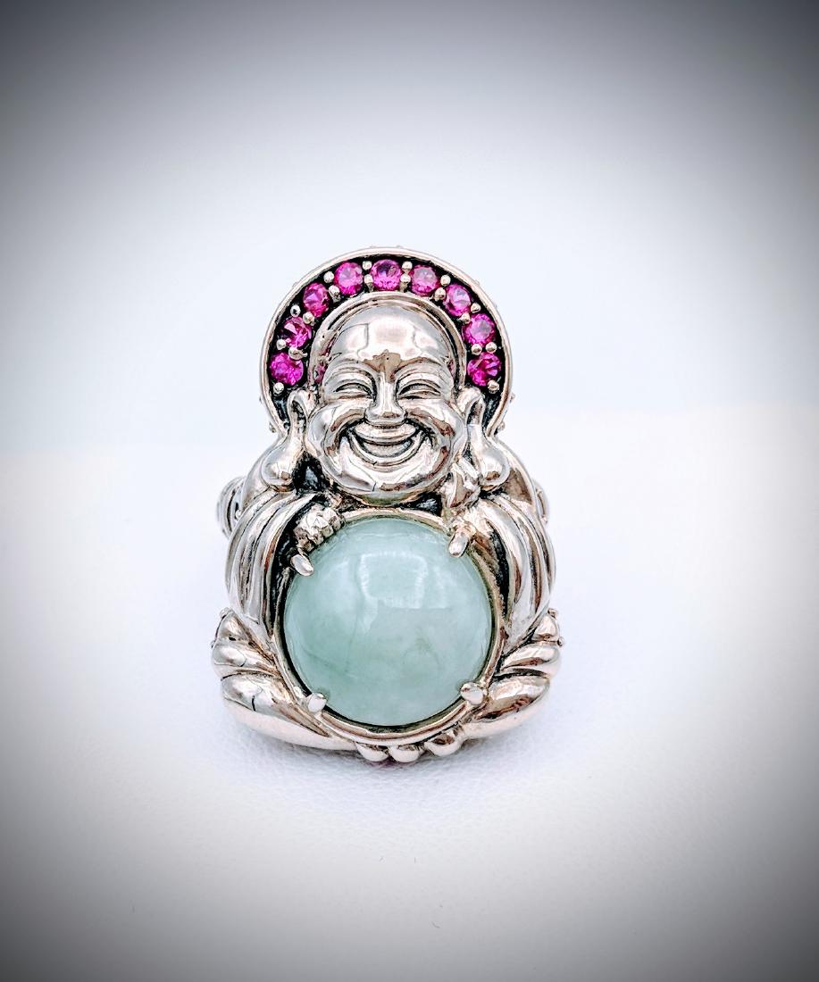 Sterling Silver Sz 7 Buddha Ring w Jade and Pink (1 of 3)