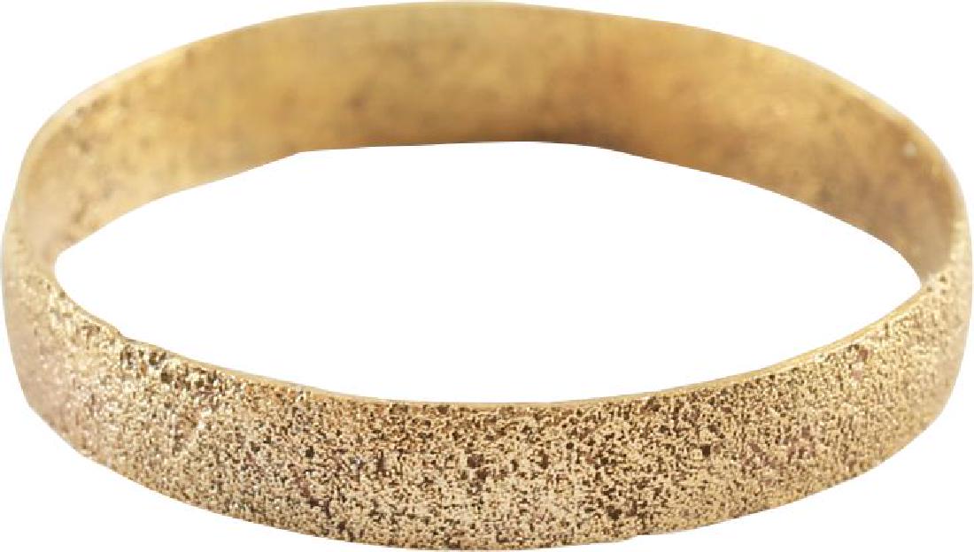 VIKING WEDDING RING, 9th-10th CENTURY A.D., SIZE 9: No Reserve! Gilt bronze, size 9. Flat face band, medium width. The gold surface professionally restored. Vikings exchanged rings on the pommel of the groom’s sword. Shipping: Domestic: Flat-rate of 