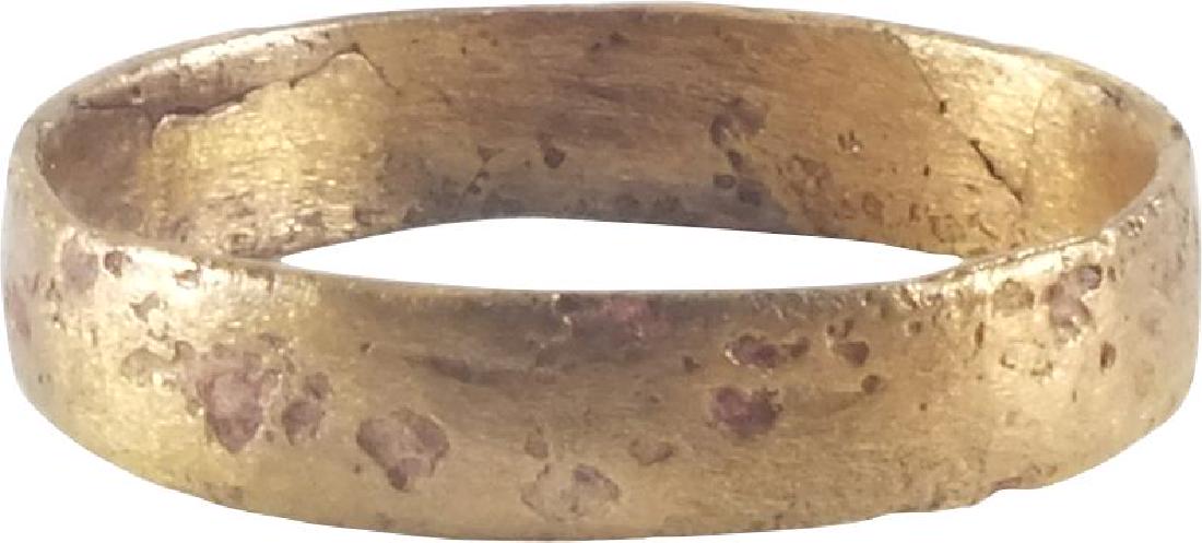ANCIENT VIKING WOMAN’S WEDDING RING C.850-1050 A.D.: No Reserve! Gilt bronze. Medium, very slightly round faced band. Size 6. Light texture from burial. Vikings exchanged rings on the pommel of the groom’s sword. Professionally refurbished with the go