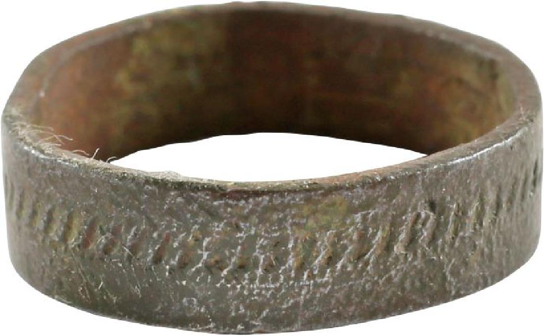 VIKING WOMAN’S WEDDING RING, 9TH-10TH CENTURY A.D.,: No Reserve! Bronze size 5 1/4. Broad band with hand stipple hatched medial. Dark mottled patina. Vikings exchanged rings on the pommel of the groom’s sword. Gift boxed with certification of authenti