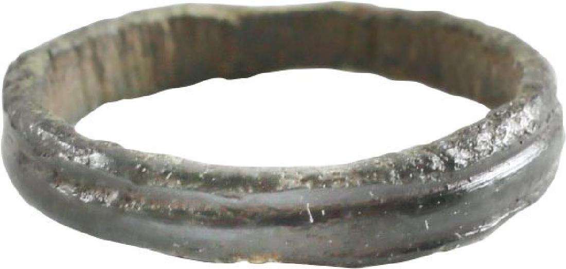 VIKING WOMAN’S WEDDING RING 900-1100 CENTURY A.D., SIZE: No Reserve! Bronze small size 2 for the little finger as was the custom. Medium width with medial depression resulting in a double band effect. Dark mottled patina. Vikings exchanged rings on the pomm