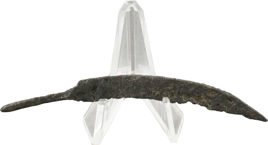 CELTIC SIDE KNIFE OR POUCH KNIFE 450-100 BC: 3 3/8” total length. Forged iron with the characteristic curved back, near straight straight edge wedge section blade. They are slashing knives capable of cutting a man’s throat to the spine. As w