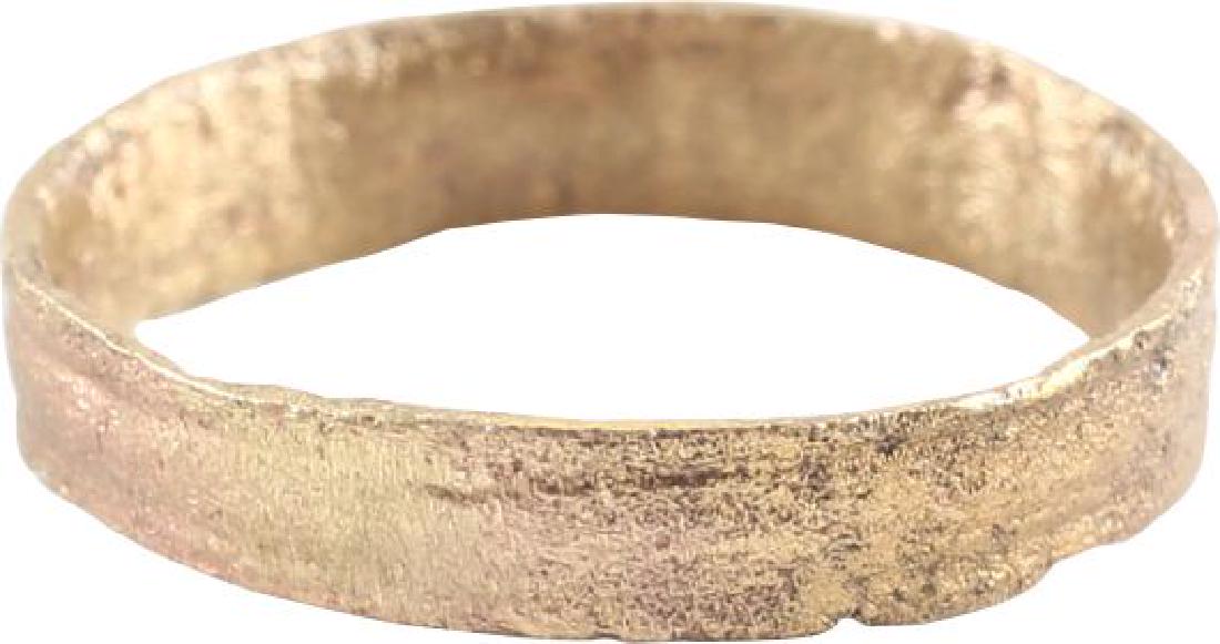ANCIENT VIKING WOMAN’S WEDDING RING C.850-1050 AD Sz 1: No Reserve! Gilt bronze. Wide band. Size 1 3/4. Double incised annular grooves resulting in a triple band motif. Vikings exchanged rings on the pommel of the groom’s sword. Professionally refurbishe