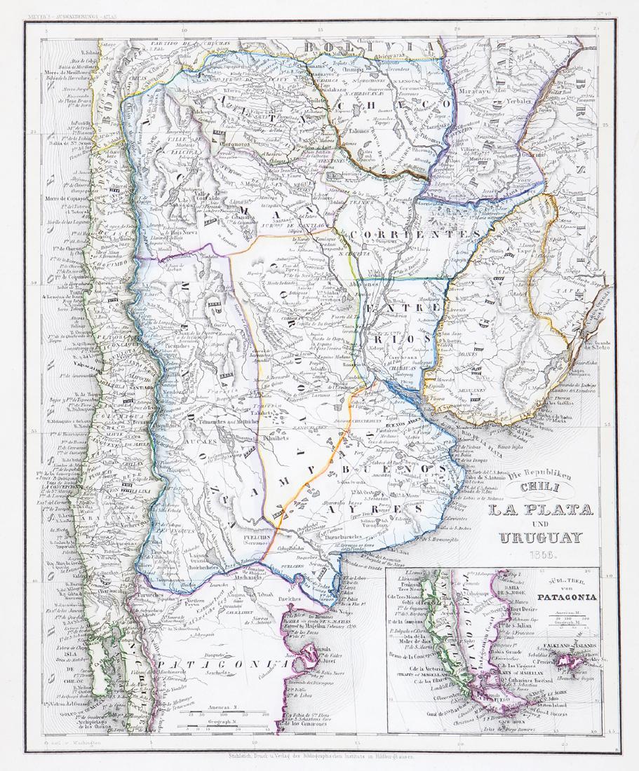 Meyer: Chile, Argentina, Uruguay with Patagonia Inset: Cartographer: Joseph Meyer / Bibliographischen Instituts Place/Date: Hildburghausen / 1849/1857 Size: 11 5/8" x 14 3/8" Condition: original outline color; light overall age toning The highly detailed 