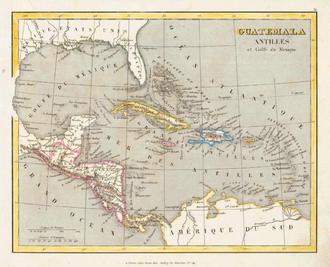 Guatemala Antilles Et Golfe Du Mexique: Title: Guatemala Antilles Et Golfe Du Mexique Publication Date: 1844 Cartographer: ANONYMOUS Publisher: BINET Size: 7.75Height - 9.75Width Shows entire Gulf coast and in Texas San Felipe and Brazoria 