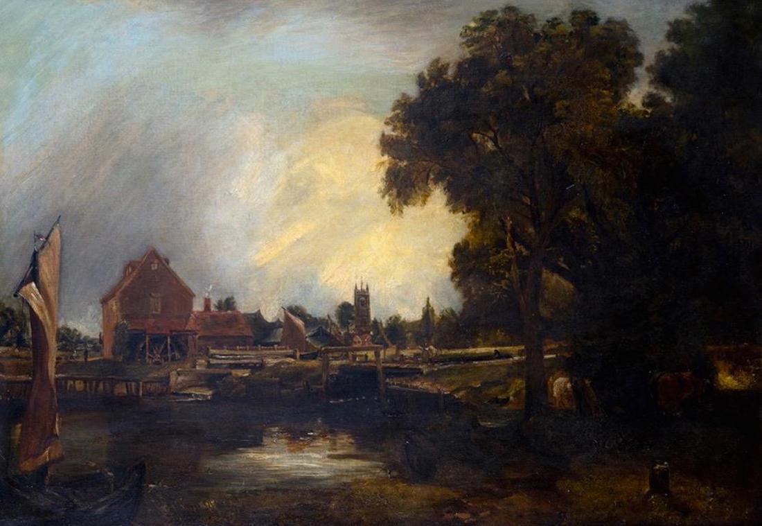 circle of John Constable: Dedham Mill c. 1830's: Title: Dedham Mill, Early 19th century English Oil Painting c. 1830's Description: Dedham Mill circle of John Constable (British, 1776-1837) oil painting on canvas, framed canvas size: 20 x 28 inches