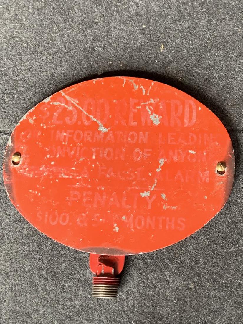 Fire Alarm Box Top Sign - $25.00 Reward: Title: Fire Alarm Box Top Sign - $25.00 REWARD Dimension: 8" X 8" Provenance:These went on top of the old cast iron alarm boxes. The lettering on this one is severely faded, but still visible. Shippin