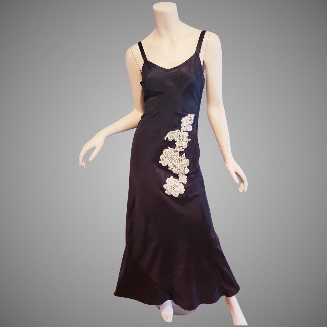 Vtg 1930's dress slip satin w/applique pearls metal zip: Truly a beauty of a satin dress/slip from the 1920's early 1930's. Satin shantung dress that is cut on a bias with handmade embroidered details. with panels.gorgeous Embellishments of guipure lace wit