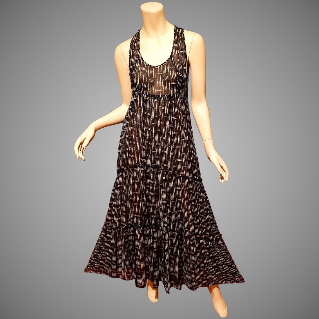 Vtg Silk layering Hobo Chic maxi dress fluid ruffled: Very Beautiful Hobo Chic maxi layering dress in cream and black modern design. All silk chiffon. very fluid with Ruffled details on the skirt. The size tag says 6 but it will fit a few sizes since it