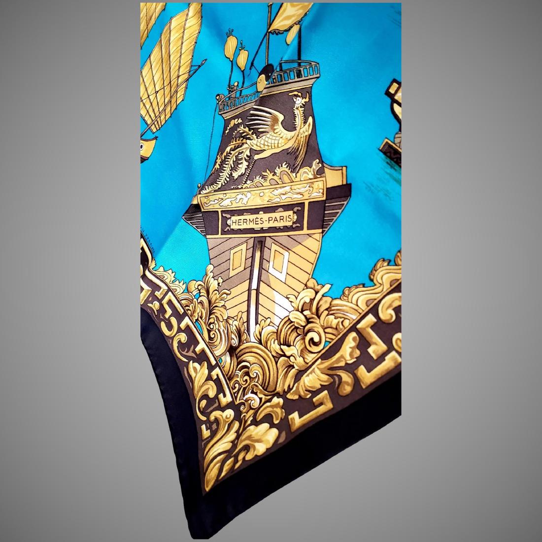 Hermes 1966 Rare 1st Edition 'Jonques et Sampans': Aqua Gold and brown 'Jonques et Sampans' silk scarf , featuring a logo tag and a sailing ships print , Designed by Francoise de la Perriere in 1966. Has been re issued in the 70's 80s and 90's and the