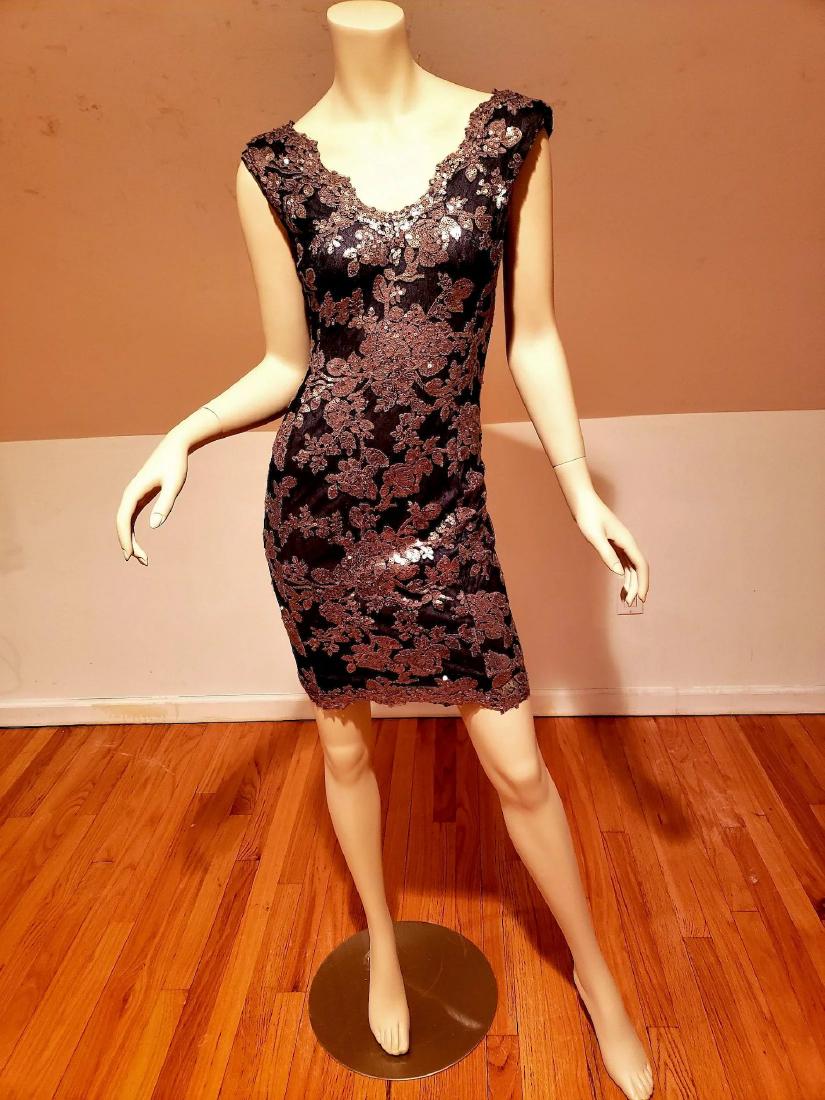 Vtg Tadashi Shogi Body Con lave w gold sequins dress: This Body Con dress by Tadashi Shogi is Couture gold line. it is lace with tiny gold sequins floral design on it. For some reason the sequins do not show as gold but believe me they are gold and this 